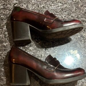Burgundy Loafers for Women Chunky Heels